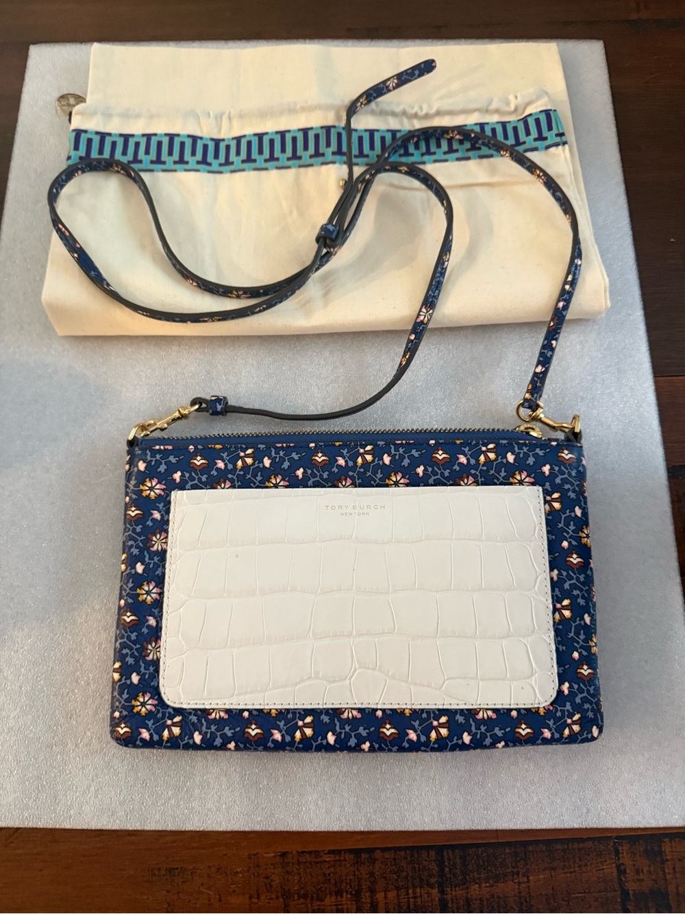 Tory Burch Navy Floral Crossbody with White Croc-Embossed Pocket